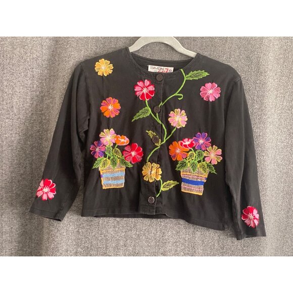 Michael Simon Sez Cardigan Black Multi Floral Embroidered Button Front Girl 7/8 - Picture 10 of 12
